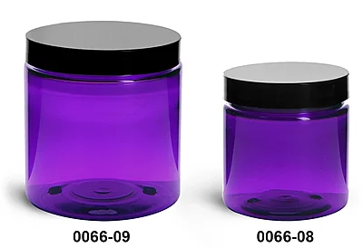 PET Plastic Jars, Purple Straight Sided Jars w/ Black Smooth Lined Cap