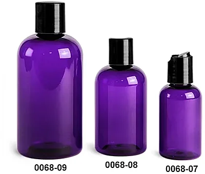 PET Plastic Bottles, Purple Boston Round Bottles w/ Black Disc Top Caps