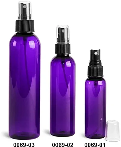 PET Plastic Bottles, Purple Cosmo Round Bottles w/ Black Fine Mist Sprayers