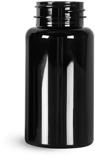 PET Plastic Bottles, 150 cc Black Wide Mouth Packer Bottles, (Bulk) Caps Not Included 