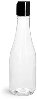 PET Plastic Bottles, Clear Woozy Bottles w/ Black Disc Top Caps