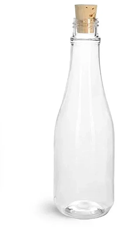 PET Plastic Bottles, Clear Woozy Bottles w/ Cork Stoppers 