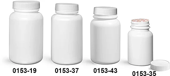 HDPE Plastic Bottles, White Pharmaceutical Round Bottles w/ White Ribbed Induction Lined Caps