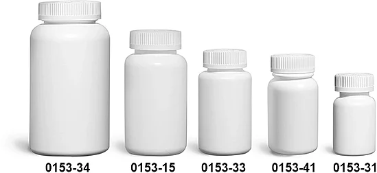 HDPE Plastic Bottles, White Pharmaceutical Round Bottles w/ White Child Resistant Caps