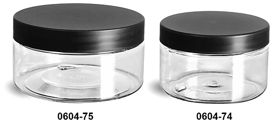 PET Plastic Jars, Clear Heavy Wall Jars w/ Frosted Black Lined Plastic Caps