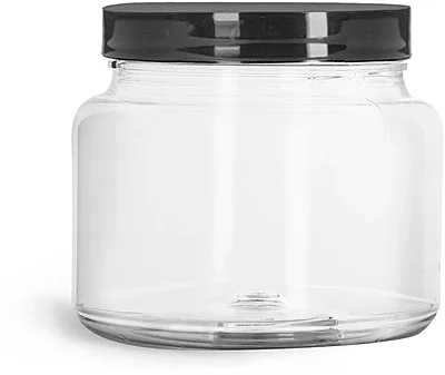 PET Plastic Jars, 22 oz Clear Straight Sided Jars w/ Smooth Black PE Lined Caps 