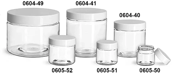 PET Plastic Jars, Clear Straight Sided Jars w/ White Smooth Plastic Lined Caps