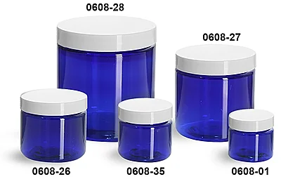 PET Plastic Jars, Blue Straight Sided Jars w/ White Smooth Plastic Lined Caps