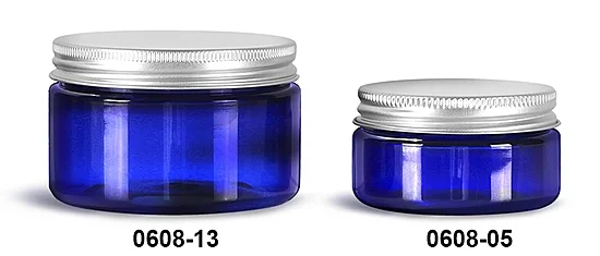 PET Plastic Jars, Blue Heavy Wall Jars w/ Aluminum Lined Caps