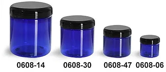 PET Plastic Jars, Blue Straight Sided Jars w/ Black Dome Lined Caps