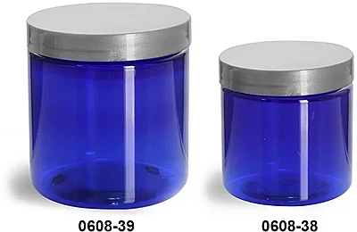 PET Plastic Jars, Blue Straight Sided Jars w/ Silver Smooth Lined Caps