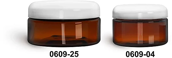 PET Plastic Jars, Amber Heavy Wall Jars w/ Lined White Dome Caps
