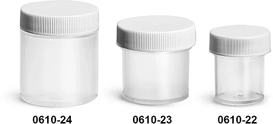 Polypropylene Plastic Jars, Natural Jars w/ Ribbed White PE Lined Caps 