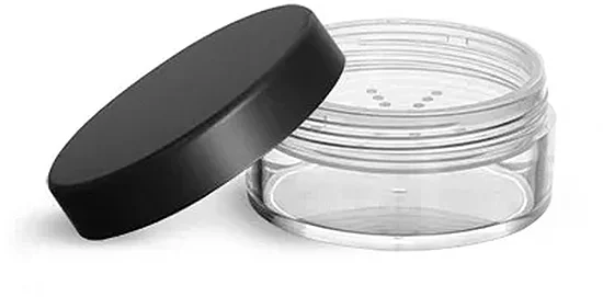 Plastic Jars, Clear Polystyrene Jars with Natural Sifters and Matte Black Lined Caps