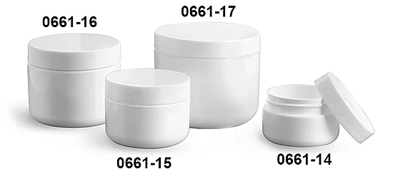 Polypropylene Plastic Jars, White Double Wall Radius Jars w/ White Polypropylene Smooth PE Lined Caps