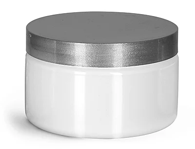 PET Plastic Jars, White Heavy Wall Jars w/ Silver Smooth PE Lined Caps