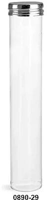 Plastic Tubes, Clear Plastic Round Tube w/ Silver Metal Screw Threaded Lined Cap