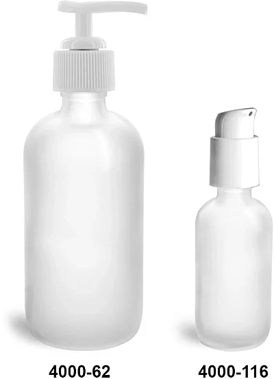 Glass Bottles, Frosted Glass Boston Round Bottles w/ White Pumps