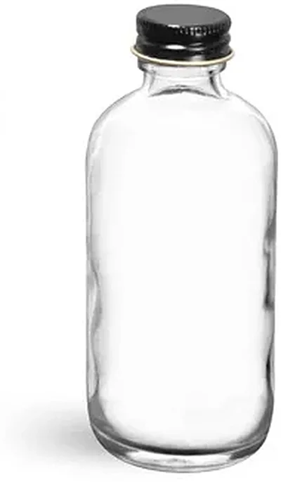 Glass Bottles, Clear Glass Boston Round Bottles w/ Foil Lined Black Metal Caps