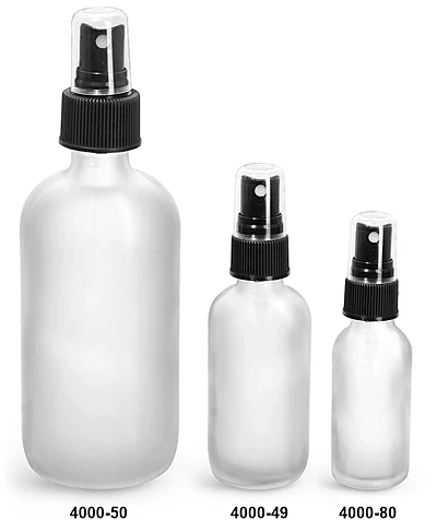 Glass Bottles, Frosted Glass Boston Round Bottles w/ Black Ribbed Fine Mist Sprayers