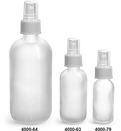 Glass Bottles, Clear Frosted Glass Boston Round Bottles w/ White Ribbed Sprayers