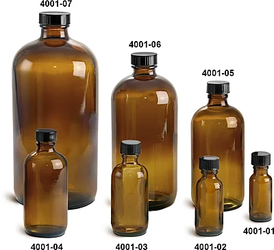 Amber Glass Bottles, Boston Round Bottles w/ Black Cone Lined Caps