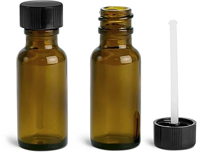 Amber Glass Bottles, Boston Round Bottles w/ PE Ball Rod Caps