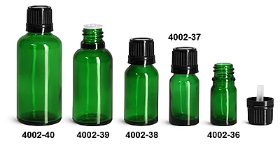 Glass Bottles, Green Glass Euro Dropper Bottles w/ Black Tamper Evident Caps & Orifice Reducers