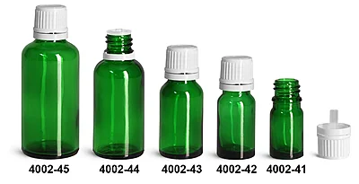 Glass Bottles, Green Glass Euro Dropper Bottles w/ White Tamper Evident Caps & Orifice Reducers