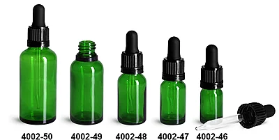 Glass Bottles, Green Glass Euro Dropper Bottles w/ Black Tamper Evident Bulb Droppers