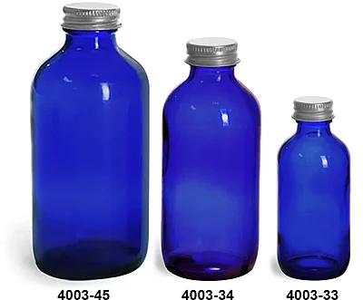 Blue Glass Bottles, Boston Round Bottles w/ Lined Aluminum Caps