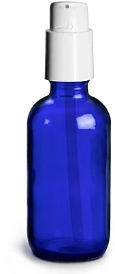  Blue Glass Boston Round Bottles w/ White Treatment Pumps 