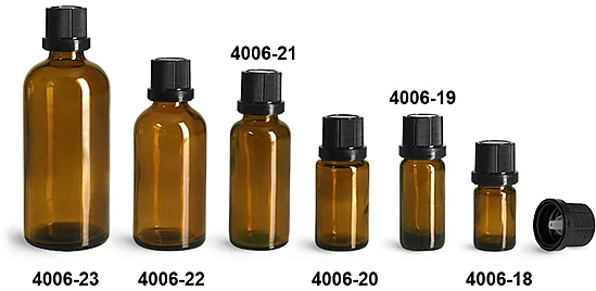 Glass Bottles, Amber Glass Euro Dropper Bottles w/ Black Tamper Evident Caps and Orifice Reducers