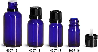 Blue Glass Bottles, Euro Dropper Bottles w/ Black Tamper Evident Caps & Orifice Reducer 
