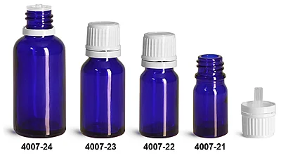 Blue Glass Bottles, Euro Dropper Bottles w/ White Tamper Evident Caps & Orifice Reducer