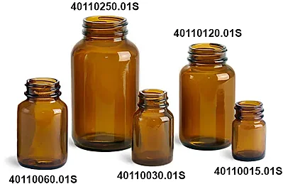 Amber Glass Pharmaceutical Round Bottles (Bulk), Caps NOT Included