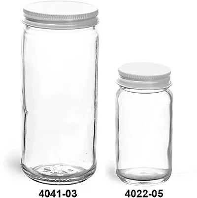 Clear Glass Jars, Clear Glass Paragon Jars w/ White Metal Plastisol Lined Caps