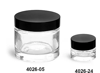 Clear Glass Jars, Clear Glass Cosmetic Jars w/ Black Phenolic PV Lined Caps