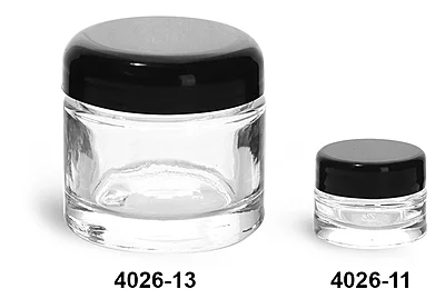 Clear Glass Jars, Clear Glass Cosmetic Jars w/ Black Dome Lined Caps