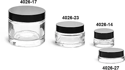Clear Glass Jars, Clear Glass Cosmetic Jars w/ Black Smooth Lined Caps
