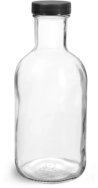 Glass Bottles, Clear Glass Stout Bottles w/ Black Ribbed Lined Caps