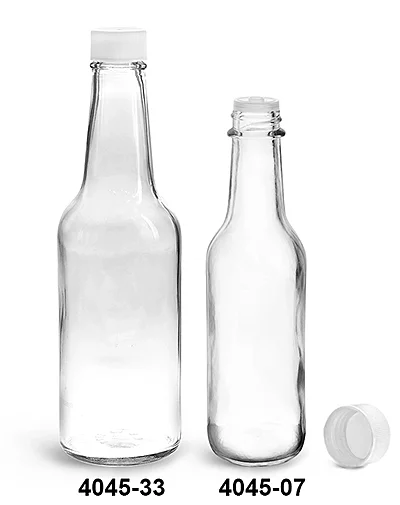Glass Bottles, Clear Glass Woozy Bottles w/ White Ribbed Lined Caps & Orifice Reducers