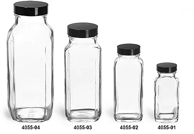 Clear French Square Glass Bottles w/ Black Phenolic Cone Lined Caps