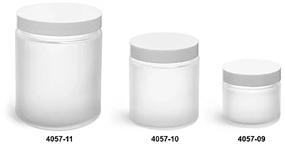 Frosted Glass Straight Sided Jars w/ Smooth White Lined Caps