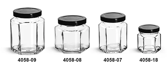 Clear Glass Jars, Clear Glass Hexagon Jars w/ Black Metal Lug Caps