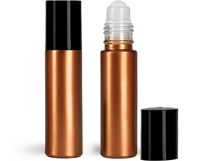Bronze Glass Roll On Bottles w/ PE Balls and Black Polypropylene Caps