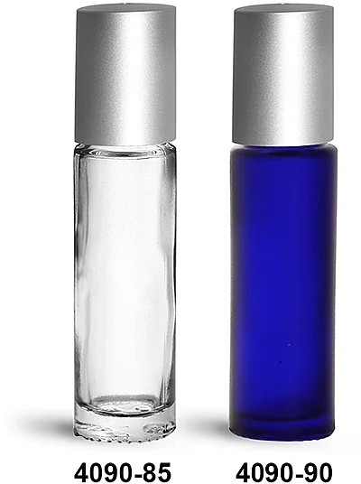 Glass Roll On Bottles w/ Metal Balls and Brushed Silver Polypropylene Caps