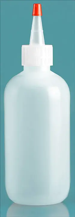 8 oz Natural LDPE Boston Round Bottles w/ Spout and Red Tip Cap