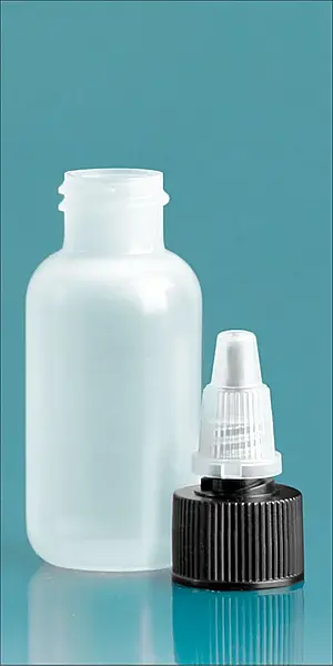 1 oz Natural LDPE Boston Round Bottles w/ Black/ Natural Twist Top Caps