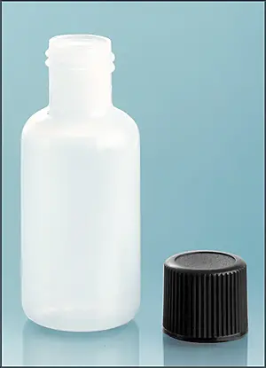 1/2 oz Natural LDPE Boston Round Bottles w/ Black Lined Screw Caps